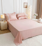 Lenjerie de Pat din Finet Premium cu Inimi Brodate, 6 piese - Roz